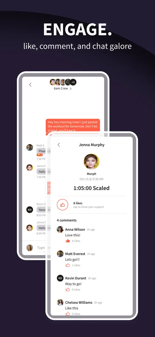 Official Wodify App Store screenshot showing workout comments and member conversation