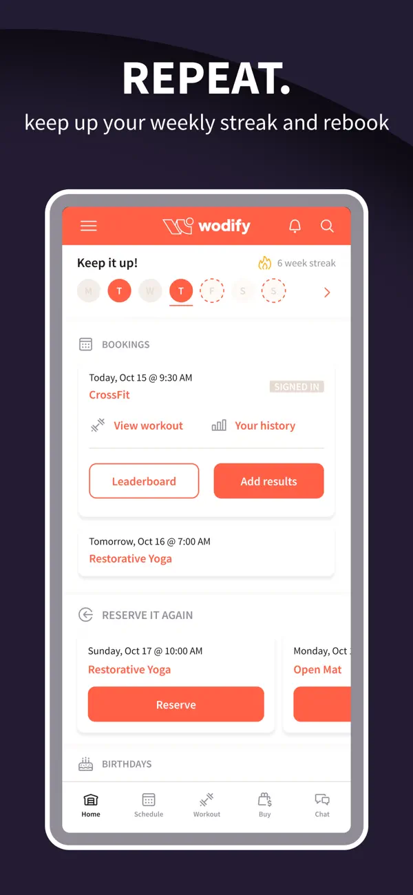 Official Wodify App Store screenshot showing bookings, workout streaks, and results