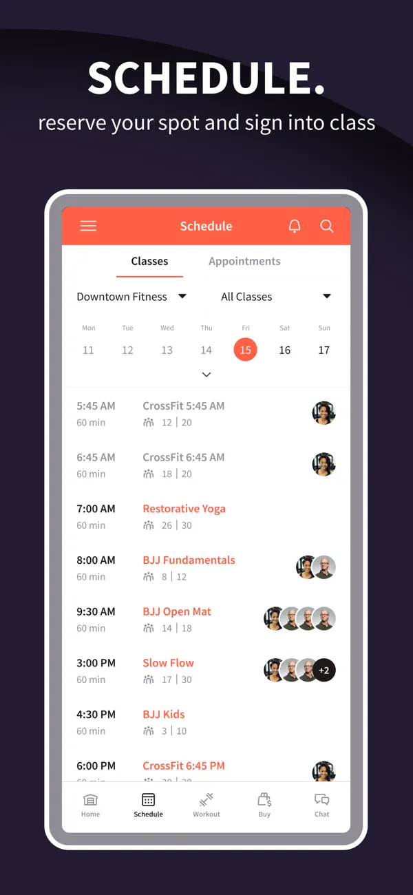 Wodify member app class schedule displayed on a phone