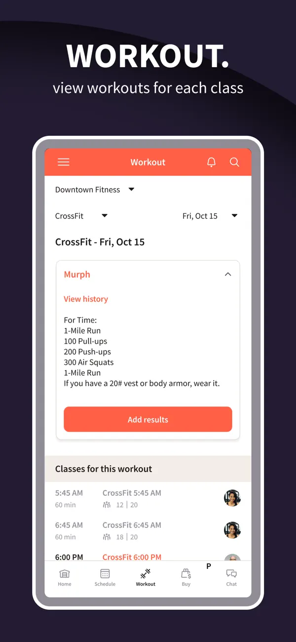 Official Wodify App Store screenshot showing the workout and result-entry interface